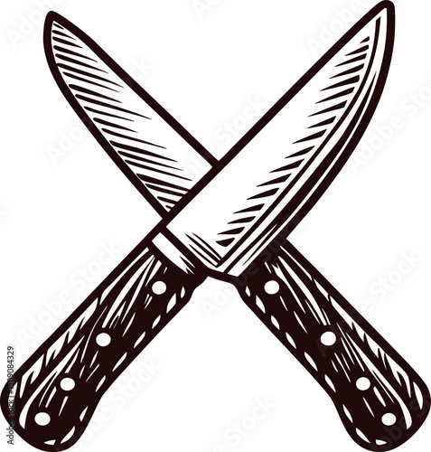 Crossed kitchen knives with wooden handles and sharp blades