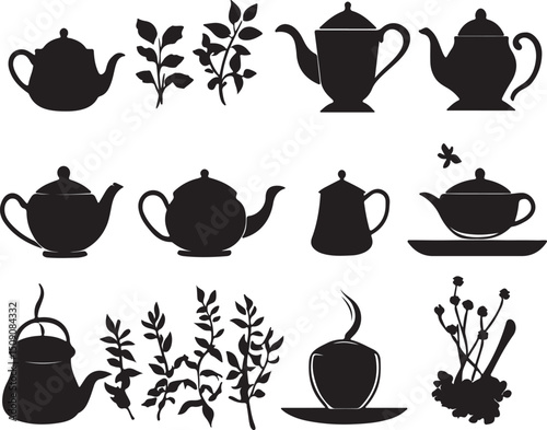 Silhouette Tea Party Vector Art: Teapots, Tea Leaves, and Tea Cup Graphics Collection