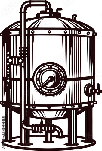 Vintage industrial brewing vat with piping and pressure gauges in black and white