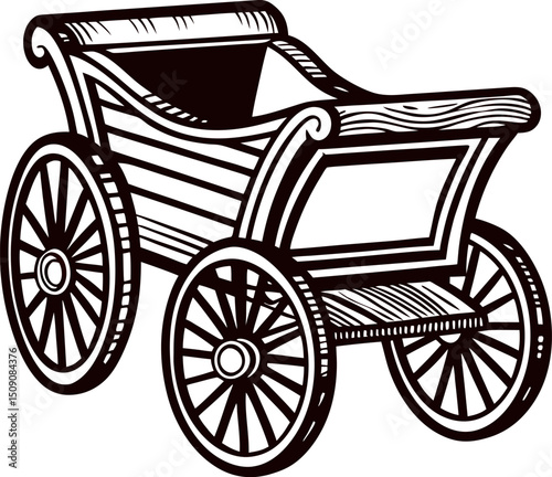 Vintage wooden carriage with ornate detailing and four large wheels in black and white