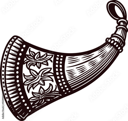 Decorative vintage hunting horn with floral patterns and detailed engravings