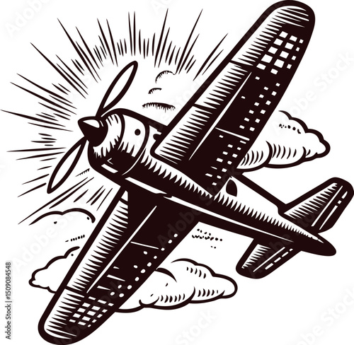 Vintage airplane soaring through cloudy sky in retro artwork