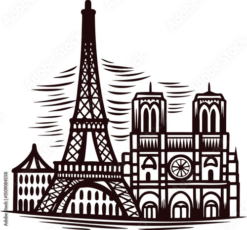 Iconic paris landmarks featuring eiffel tower and notre dame cathedral in artistic design