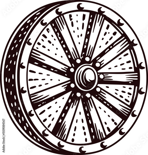Medieval circular wooden shield with detailed engravings for protection and display