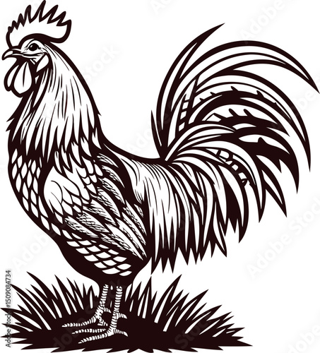 Intricate black and white of a rooster standing proudly with detailed feathers