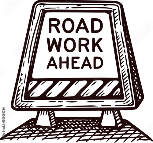 Road work ahead sign in sketched warning of construction area