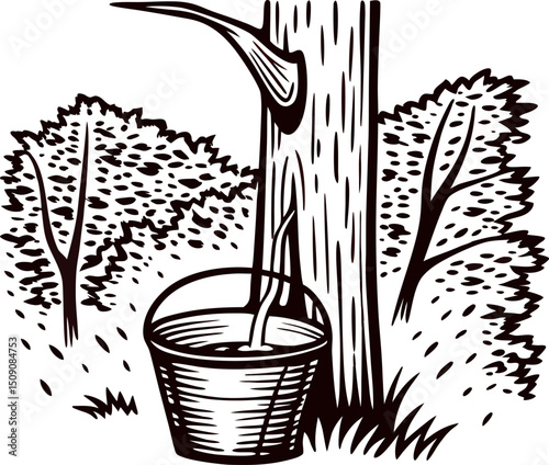 Monochrome of maple tree with bucket collecting sap in forest setting