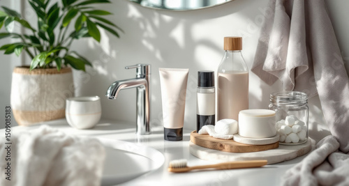 Bathroom vanity with plastic free toiletries, natural soap, glass bottles, and soft towels in bright, relaxing morning setting