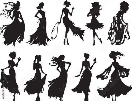 Silhouette Art: Elegant Women in Dresses, Fashion Illustration, Vector Graphics, Black and White Design