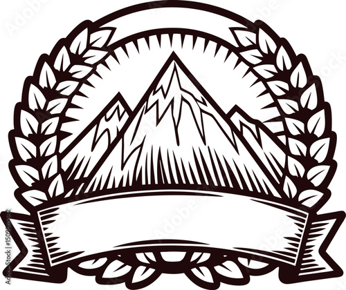 Mountain emblem with laurel wreath and blank banner design