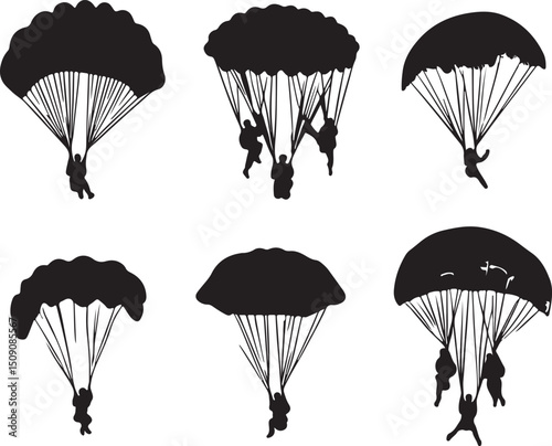 Parachuting Silhouettes: Skydivers with Parachutes Vector Illustration, Skydiving Black and White Art