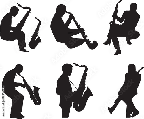 Saxophone Players Silhouettes: Jazz Music, Musicians, Musical Instruments, Black & White Vector Art