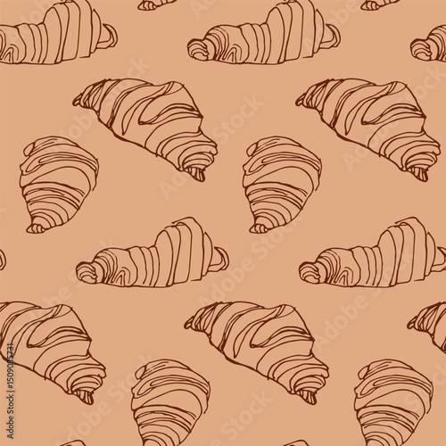 Pattern for menu and packaging in brown tones, croissant outline on solid background