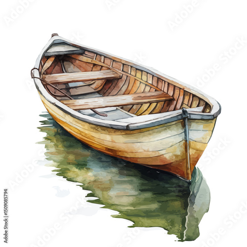 Rowboat On Lake, watercolor vector, high quality, isolated on a white background.