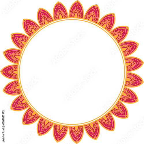 Decorative Mandala Frame 4 with Floral Petal Border, Circular mandala frame with Pink and yellow floral petal design on white background	