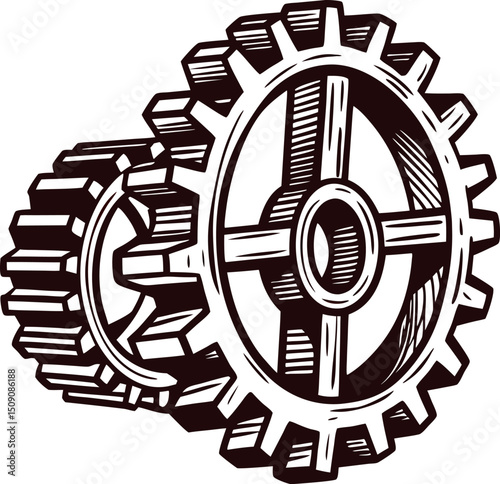 Engraved of interlocking mechanical gears in detailed vintage