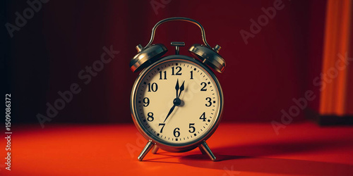 Vintage orange alarm clock on orange background with copy space. Retro time, antique clock with details. Classic design, decoration, reminder, display. Analog clock. 