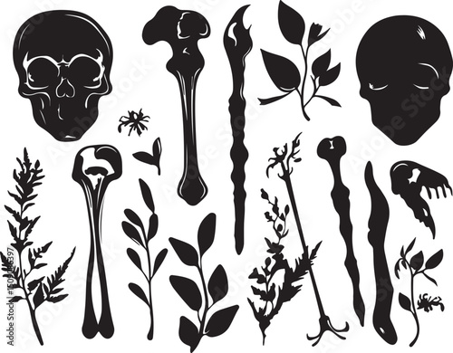 Skull & Bones Vector Illustration: Spooky Halloween Graphic Design Element Set in Black & White