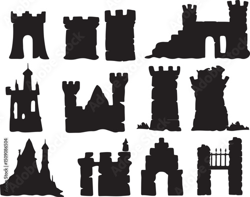 Castle Towers Silhouettes: Medieval Fortress Architecture, Fantasy Building Elements, Vector Graphics