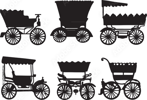 Vintage Carriages: Silhouette Vector Art of Antique Horse-Drawn Vehicles & Buggies Illustration