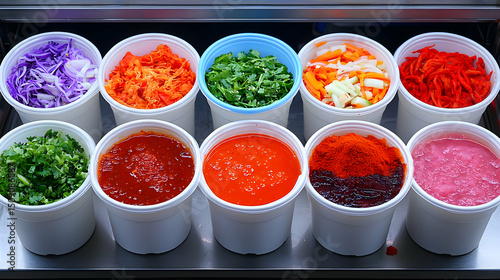 Colorful Chopped Vegetables and Sauces in White Bowls