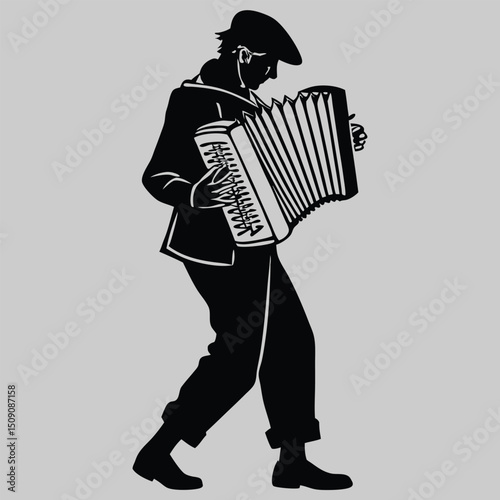 a busker playing accordion silhouette vector design art and illustration