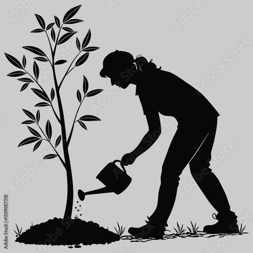 a person planting a sapling silhouette vector design art and illustration