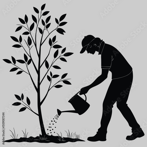 a person planting a sapling silhouette vector design art and illustration