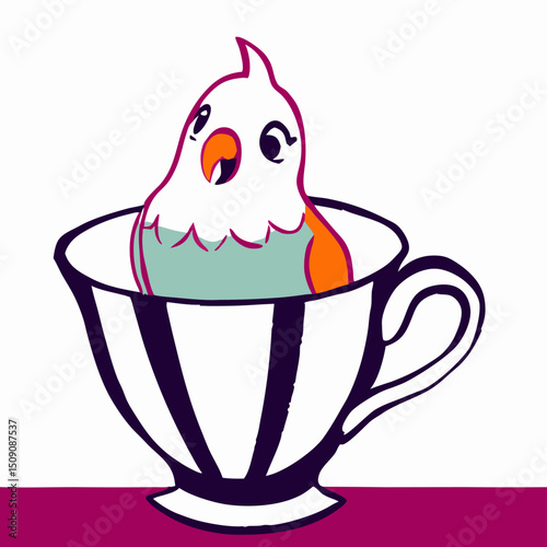 Cute Cartoon Budgie Bird in Teacup Illustration
