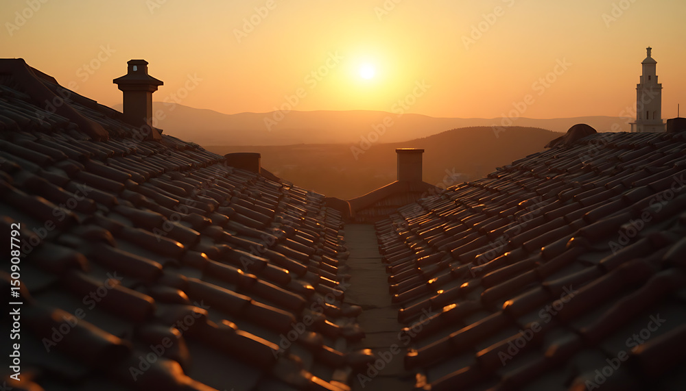 Fototapeta premium Tile Roofs at Sunset: Golden Hour Over European Town