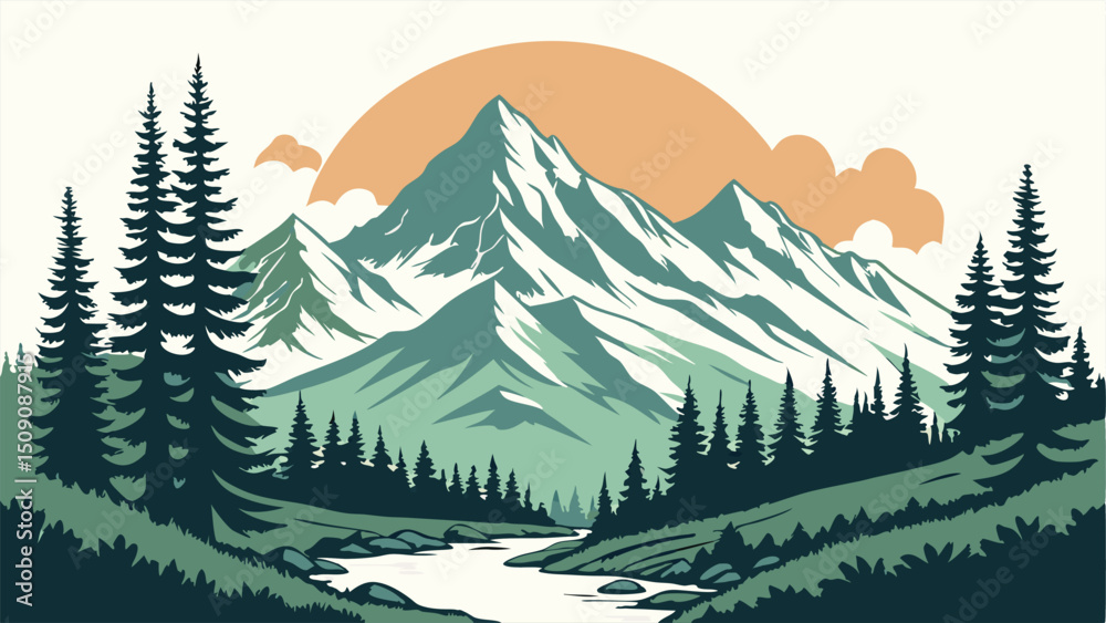 Fototapeta premium Majestic Mountain Landscape with River and Pine Trees