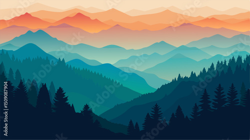 Vibrant Sunset Mountain Range Landscape, Colorful Hills, Forest Silhouette