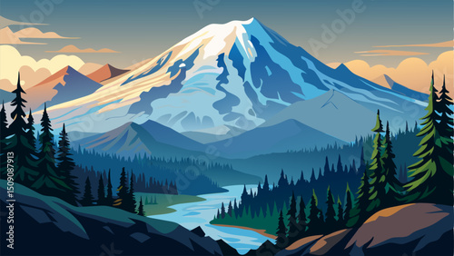 Majestic Mount Rainier Landscape: Vector Art Illustration