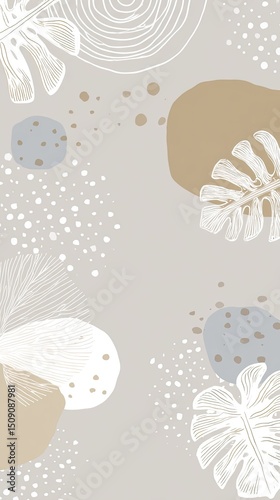 An elegant pattern with white leaves and dots in gray, beige, and blue tones