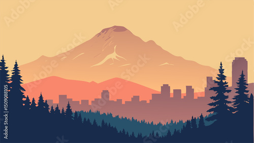 Seattle Skyline with Mount Rainier at Sunset - Vector Illustration