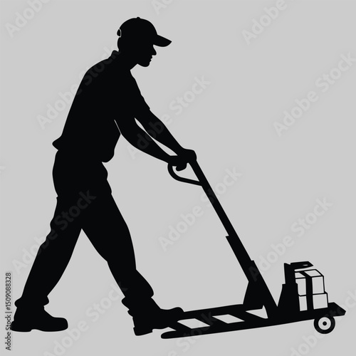 a worker pushing a pallet jack silhouette vector design art and illustration