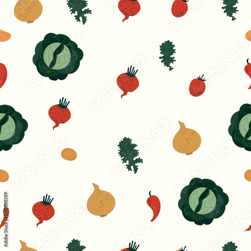 vegetable pattern including cabbage, onion, beet, kale, pepper and tomato on light background.