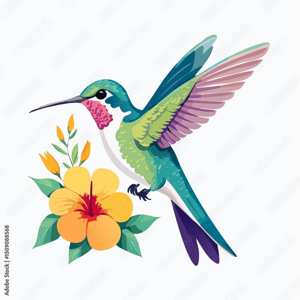 Obraz premium Hummingbird and Hibiscus: A vibrant hummingbird hovers near a cheerful hibiscus flower, wings outstretched in mid-flight. The illustration showcases intricate details and a playful color palette.