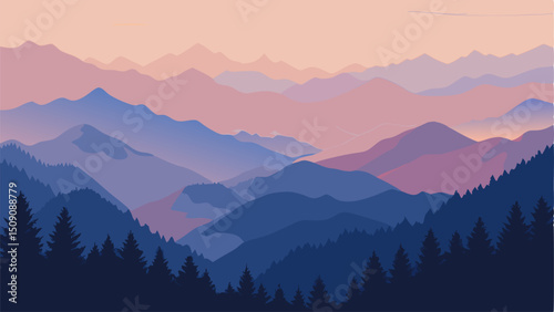 Stunning Sunset Mountain Range Landscape Illustration