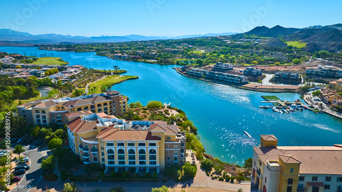 Aerial Luxury Lakeside Resort Mediterranean Architecture Waterfront Fly Over