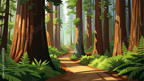 Scenic Redwood Forest Path: Sunlight through Tall Trees