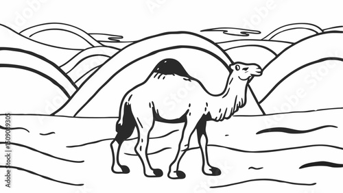 mountainous hills, camel in foreground,