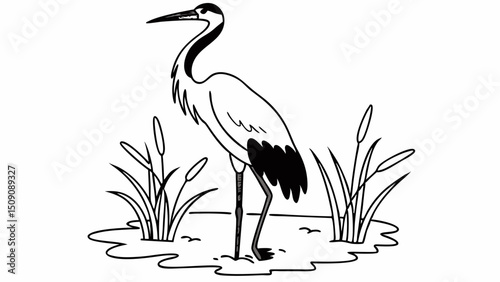 a stork standing in a pond with cattails