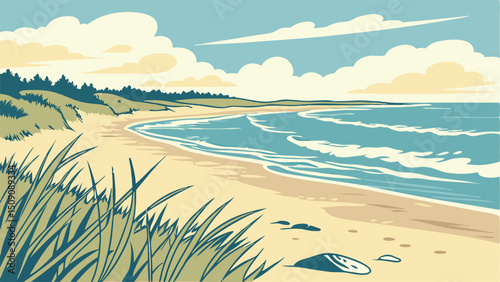 Serene Coastal Beach Scene: Sand Dunes, Ocean Waves, Summer Vacation