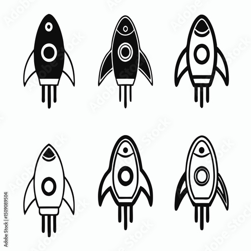 Space rocket black silhouette logo icon isolated on white background, clip art bundle set