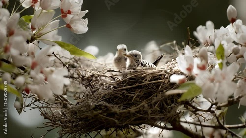 Two fledgling birds nestled in a twig nest, surrounded by delicate white blossoms, observing nature from a safe, natural habitat on a tree branch.