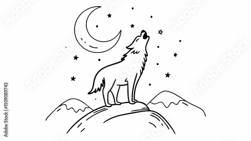 howling wolf, night sky, moon, stars