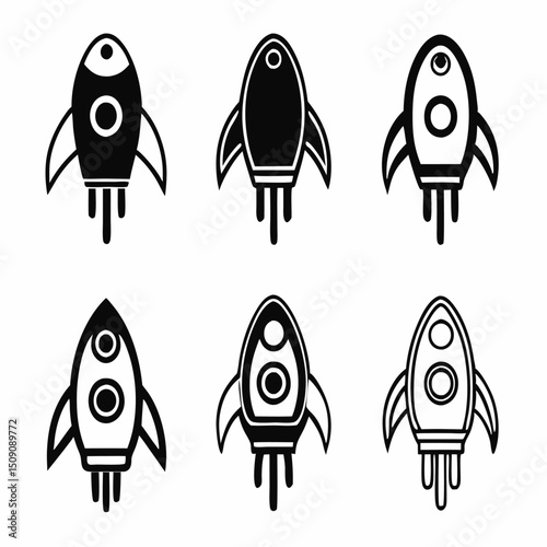 Space rocket black silhouette logo icon isolated on white background, clip art bundle set