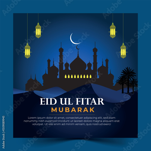 Eid Ul Fitr Mubarak Greeting Card with Mosque Silhouette and Lanterns at Night