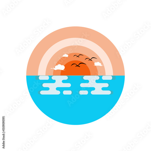 Minimalist sunset over the ocean with birds flying in the sky and stylized reflections on the water, in a circular retro-style composition. isolated on white background